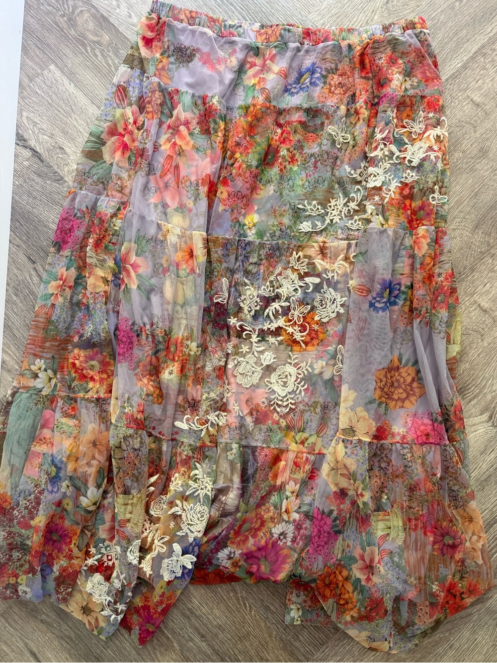 NWT Johnny Was Multicolor Floral Tiered tulle  Maxi Skirt with Lace Appliqué XL